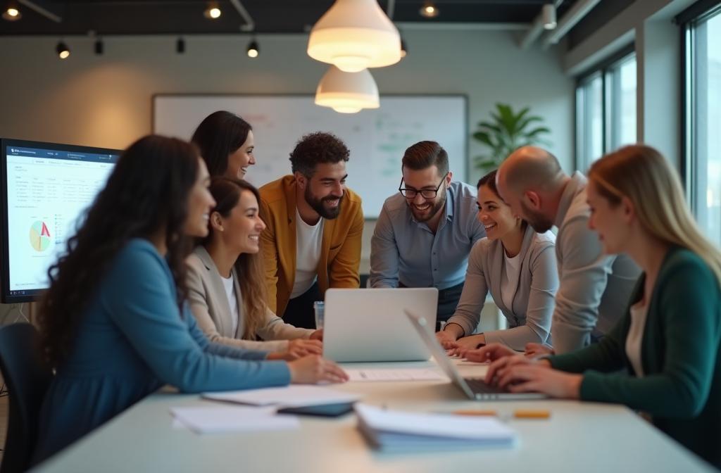 Een divers team dat samenwerkt aan digitale content